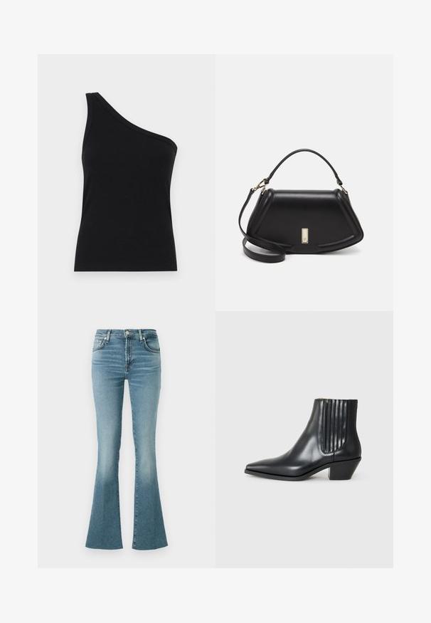 Zwarte ribbel tanktop met één schouder, met een aansluitend ontwerp en een zachte textuur. Kenmerkt zich door een strakke, minimalistische snit en een soepele halslijn.; Lichtblauwe flared jeans van denim met een hoge taille, voorzien van zijzakken en een klassiek vijfzakkenontwerp, een zachte textuur en een vervaagde afwerking.; Zwarte leren enkellaars met spitse neus, elastische zijpanelen met verticale groeven en een lage blokhak. Glad oppervlak en slank ontwerp.; Zwarte leren handtas met een gestructureerd ontwerp, featuring een verkorte vorm, bovenhandvat en gouden hardwareaccent. Inclusief verstelbare schouderband.