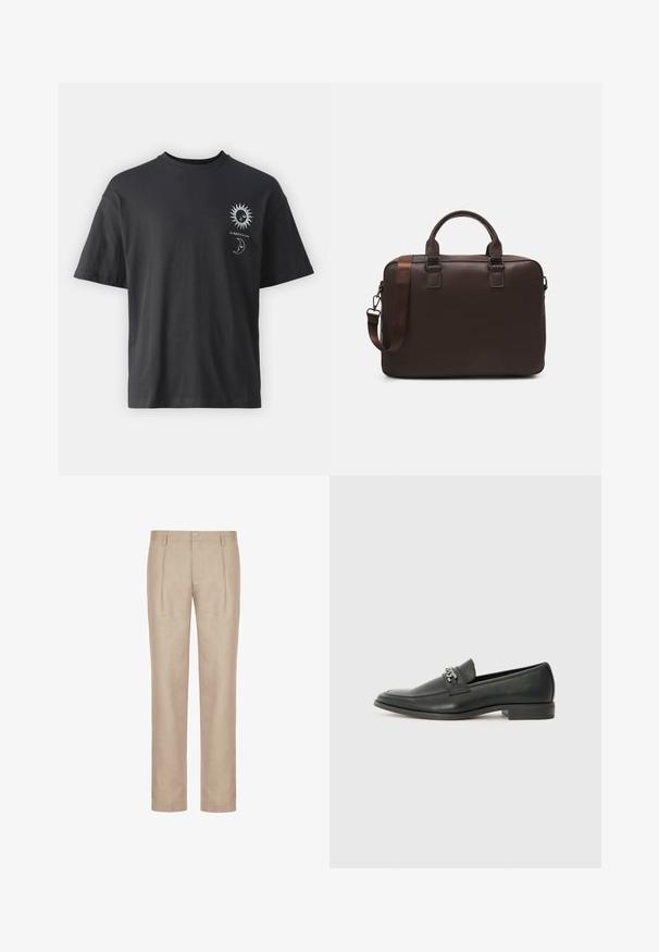 Sort bomulds T-shirt med korte ærmer, rund hals og frontgrafik af en sol og måne, ledsaget af teksten "Le Soleil et La Lune."; Beige linnedragter med lige ben, der har to frontfældninger, knaplukning og sidelommer. Glat tekstur og skræddersyet pasform.; Sorte læder loafers med en glat finish, der har et syet design og et dekorativt metal kædeaccent hen over vamps. Flad hæl.; Brun læder laptop taske med en tekstureret overflade, dobbelte top hanke, justerbar rem og to front spænder for ekstra detaljer.