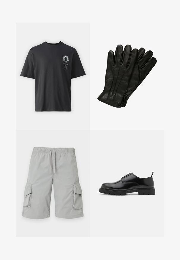 Zwarte katoenen t-shirt met korte mouwen, ronde hals en voorop afbeeldingen van een zon en maan, vergezeld van de tekst "Le Soleil et La Lune."; Lichtgrijze cargoshorts met een elastische tailleband, trekkoordsluiting en twee grote zijzakken. Soepele, lichte stof.; Zwarte leren veterschoenen met een ronde neus, gladde textuur en geribbelde rubberen zool. Heeft een kleine hak en een lus aan de achterkant.; Zwarte leren handschoenen met een gladde textuur, vijf vingers en subtiele stiksels. Klassiek ontwerp, geschikt voor gebruik in koud weer.