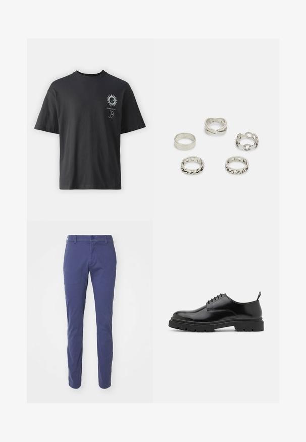 Black cotton t-shirt with short sleeves, round neck, and front graphics of a sun and moon, accompanied by text "Le Soleil et La Lune."; Navy blue trousers with a slim fit design, featuring a button closure, belt loops, and a smooth cotton fabric texture.; Black leather lace-up shoes with a rounded toe, smooth texture, and ridged rubber sole. Features a small heel and a pull tab at the back.; Set of five silver rings featuring various designs: a smooth band, twisted pattern, braided texture, and two with cutout accents.