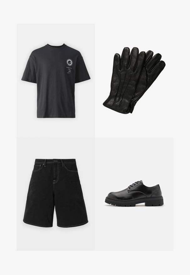 T-shirt noir en coton avec des manches courtes, col rond et graphiques sur le devant d'un soleil et d'une lune, accompagné du texte "Le Soleil et La Lune."; Shorts en denim noir à coupe droite, avec des coutures blanches contrastantes, des poches avant et une taille à bouton. Texture lisse.; Chaussures en cuir noir avec un bout rond, un laçage et une semelle en caoutchouc épaisse et texturée. Présente des coutures le long du bord et une finition lisse.; Gants en cuir noir avec une texture lisse, cinq doigts et de subtils détails de couture. Design classique, adapté à une utilisation par temps froid.