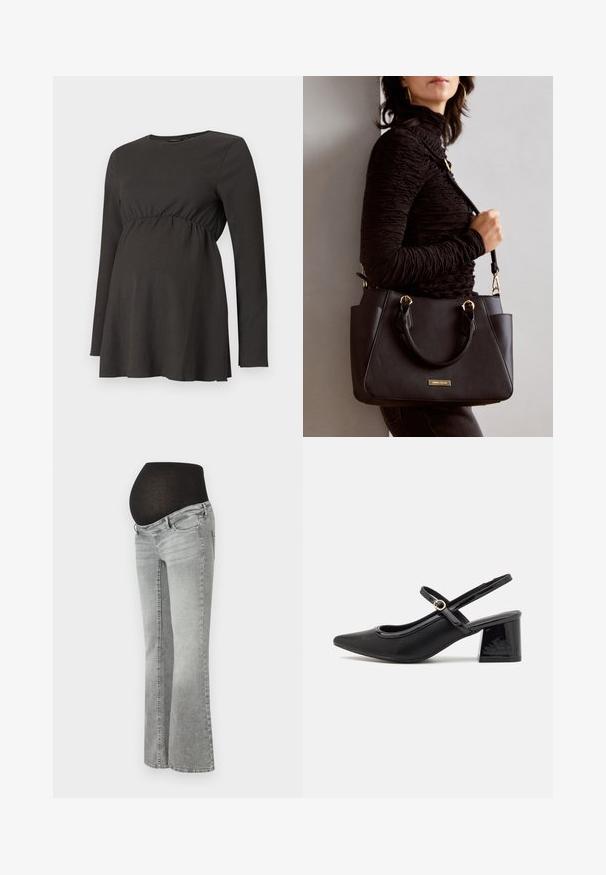 Sort langærmet graviditetstop med samlet talje og let udskæring under brystet, lavet af tekstureret stof.; Graviditetsjeans i gråt denim med et strækbart sort panel over maven, med et lige ben-design og subtilt falmet tekstur.; Sorte patentlæder slingback hæle med spids tå, rund udskæring og blokhæl. Har en guldtonet spændeaccents.; Sort håndtaske med struktureret overflade, dobbelt topbærere og justerbar skulderrem. Udstyret med guldfarvet metalhardware og sidelommer.