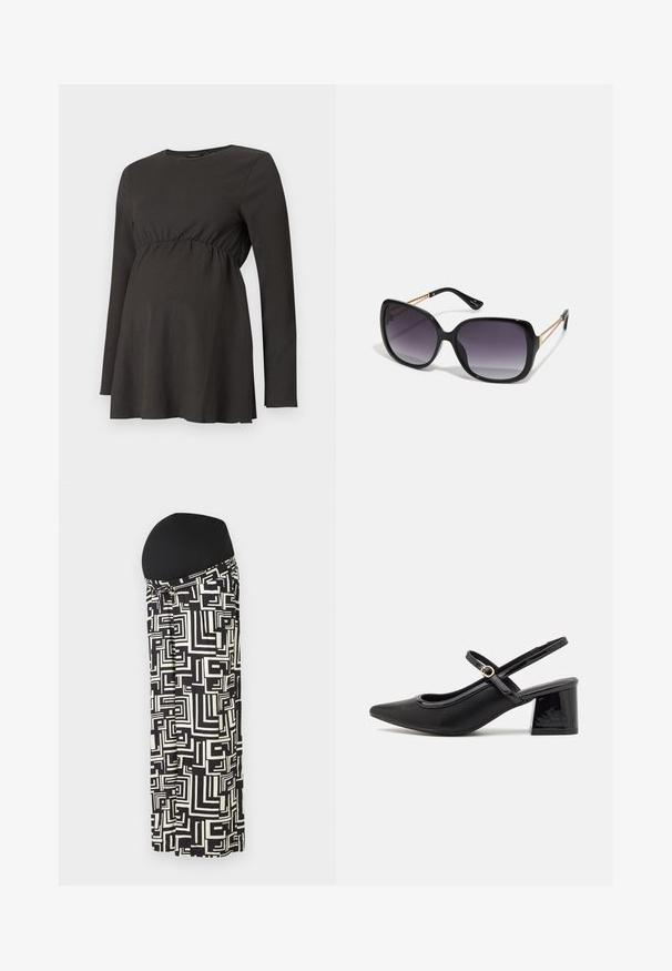 Μαύρη μακριά μανίκια εγκυμονία μπλούζα με ραμμένο μέση και ελαφριά φούσκα κάτω από το στήθος, κατασκευασμένη από υφασμάτινη υφή.; Μακρύ φούστα μητρότητας σε μαύρο και άσπρο χρώμα με γεωμετρικά σχέδια, που διαθέτει ελαστική μέση για άνεση και ευελιξία.; Μαύρα παπούτσια γοβάκια από πατενταρισμένο δέρμα με γωνιαστό μπροστινό μέρος, στρογγυλή κοπή και τετράγωνο τακούνι. Διαθέτουν μια χρυσή αγκράφα ως διακοσμητικό στοιχείο.; Μαύρα υπερμεγέθη γυαλιά ηλίου με κλειστή βαθμίδα φακού, παχιά σκελέτη και λεπτομέρειες από χρυσή αλυσίδα στις βραχίονες του σκελετού.; Μαύρη τσάντα χειρός με δομημένο σχήμα, λεία υφή και μεταλλικό κούμπωμα. Συνδυασμένη με φαρδιά μαύρα παντελόνια και σανδάλια ανοιχτής μύτης πάνω σε ξύλινο πάτωμα.