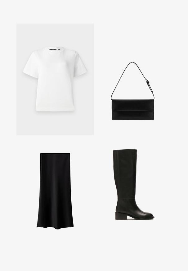 Bílá krátkosrstvá tričko vyrobené ze hladké bavlněné látky, s kulatým výstřihem a uvolněným střihem s prošitými okraji.; Černá midi sukně vyrobená z hladkého, lehkého materiálu. Disponuje rovný střihem, bez viditelné kovové části a jednoduchým designem bez vzorů.; Vysoká černá kožená bota s kulatou špičkou a nízkým čtvercovým podpatkem. Má hladký povrch a nezdobený design.; Mango Kabelka - black
