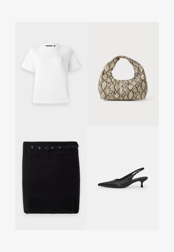 Hvit kortermet T-skjorte laget av glatt bomullsstoff, med rund hals og en avslappet passform med sømmer.; Sorte cordfløyelskjørt med et figursydd design, som har belte, sølvdetaljer og subtil vertikal ribbet tekstur.; Svart lær slingback sko med spiss tå og smal, buet hæl. Har en diskret justerbar rem med en metallspenne.; Veske med slangeskinnmønster og krummet håndtak. Laget av teksturerte, beige og brune materialer, med et særegent diamantmønster.