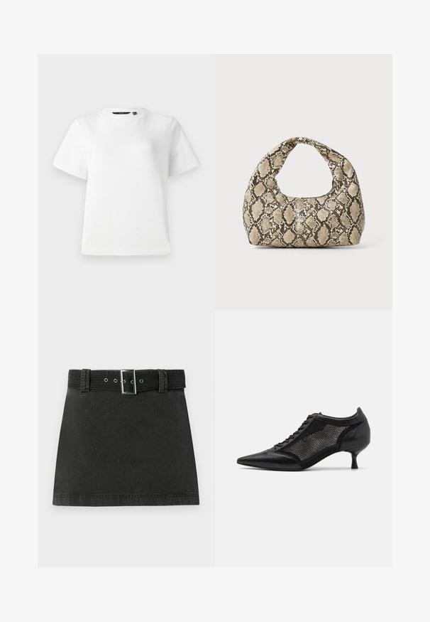 T-shirt bianco a maniche corte realizzato in tessuto di cotone morbido, con colletto a girocollo e una vestibilità rilassata con orli cuciti.; Gonna mini in denim nera con cintura abbinata caratterizzata da una fibbia metallica e passanti, mostrata distesa su uno sfondo bianco.; Scarpa nera a punta con un design a pannello di rete, dotata di un tacco basso e lacci frontali. Realizzata in una combinazione di pelle e materiale a rete.; Borsa a stampa rettile con manico curvo. Realizzata in materiali testurizzati beige e marroni, presenta un distintivo motivo a rombi.
