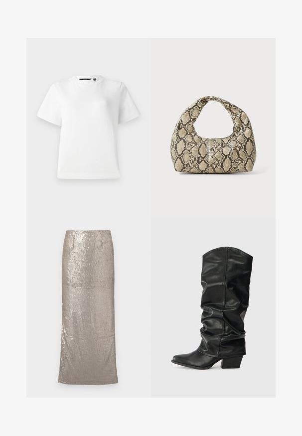 Fehér, rövid ujjú póló sima pamut anyagból, kör alakú nyakkivágással és laza szabással, varrott szegéllyel.; Fénylő, ezüst midi szoknya, melyet flitterek borítanak, egyenes sziluettel és térd alá érkező szegéllyel. Simány tapintású.; Fekete bőr, térdig érő csizmák laza fazonban, hegyes orral és vastag sarokkal, sima textúrával és minimális varrással.; Kígyómintás kézitáska ívelt fogantyúval. Texturált, bézs és barna anyagból készült, jellegzetes gyémántmintával.