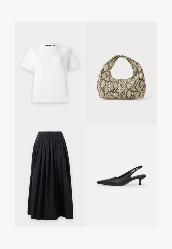Hvit kortermet T-skjorte laget av glatt bomullsstoff, med rund hals og en avslappet passform med sømmer.; Svart, knelengde skjørt laget av lett stoff med en bred, samlet midjebånd og plisserte detaljer som gir en fyldig silhuett.; Svart lær slingback sko med spiss tå og smal, buet hæl. Har en diskret justerbar rem med en metallspenne.; Veske med slangeskinnmønster og krummet håndtak. Laget av teksturerte, beige og brune materialer, med et særegent diamantmønster.