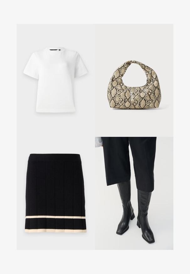 Hvit kortermet T-skjorte laget av glatt bomullsstoff, med rund hals og en avslappet passform med sømmer.; Svart strikket skjørt med vertikal ribbing, som har en kontrasterende kremstripe nederst. Elastisk midje. Klassisk design.; Svart skinn knelangt støvler med firkantet tå og blokkhelt. Har glidelås på siden og glatt tekstur.; Veske med slangeskinnmønster og krummet håndtak. Laget av teksturerte, beige og brune materialer, med et særegent diamantmønster.