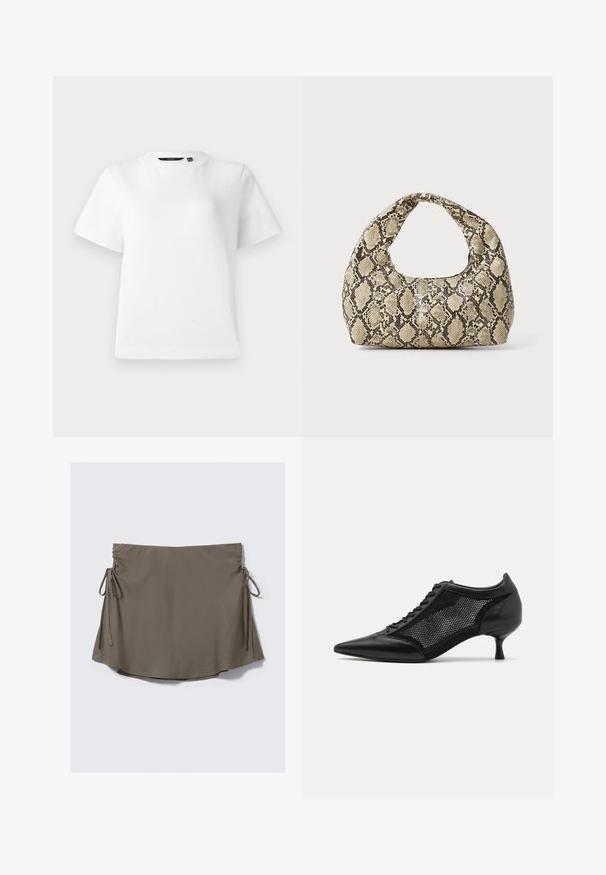Hvit kortermet T-skjorte laget av glatt bomullsstoff, med rund hals og en avslappet passform med sømmer.; Brun kort skjørt med justerbare sidebånd og rynkede detaljer på begge sider, vist mot en ensfarget hvit bakgrunn.; Svart spiss tå-sko med meshpaneldesign, med lav hæl og snøring foran. Laget av en kombinasjon av lær og meshmateriale.; Veske med slangeskinnmønster og krummet håndtak. Laget av teksturerte, beige og brune materialer, med et særegent diamantmønster.