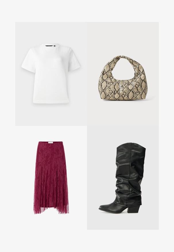 Hvid kortærmet T-shirt lavet af glat bomuldsstof, med rund halsudskæring og en afslappet pasform med syede kanter.; Bordeaux blondekjole med blomstermønster, gennemsigtig stofoverlæg og plisseret design. Har en tætsiddende talje og en svajende silhuet.; Sorte læderknæhøje støvler med et skrånet design, spids tå og chunky hæl, der har en glat overflade og minimal syning.; Slangeprint håndtaske med et buet håndtag. Lavet af strukturerede, beige og brune materialer, med et karakteristisk diamantmønster.