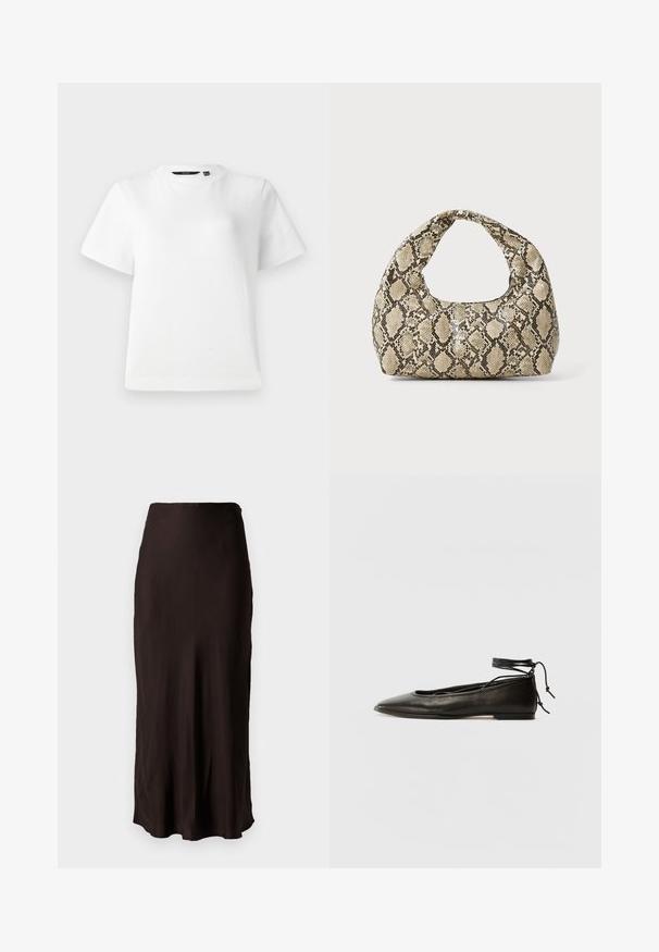 Biele tričko s krátkymi rukávmi vyrobené z hladkej bavlnenej tkaniny, s okrúhlym výstrihom a voľným strihom so zastrihnutými okrajmi.; Čierna sukňa strednej dĺžky vyrobená z hladkej, ľahkej látky so vzpriameným strihom a bočným rozparkom. Má jednoduchý pás.; Čierne kožené baletky s špicatou špičkou, viazaním okolo členka a plochou podrážkou, s hladkou textúrou a minimalistickým dizajnom.; Kabelka s hadím vzorom a zakriveným rukoväťou. Vyrobená z textúrovaných béžových a hnedých materiálov, s charakteristickým diamantovým vzorom.