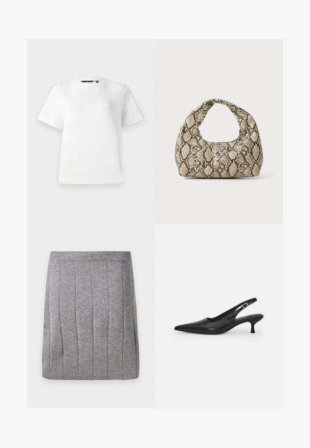 T-shirt blanc à manches courtes en tissu de coton lisse, avec un col rond et une coupe décontractée, ornée de coutures sur les bords.; Object OBJTHESS - Minijupe - medium grey; Chaussure slingback en cuir noir avec un bout pointu et un talon fin et incurvé. Dispose d'une sangle ajustable discrète avec une boucle en métal.; Sac à main en motif serpent avec une poignée incurvée. Fabriqué à partir de matériaux texturés beiges et bruns, présentant un motif en diamant distinctif.