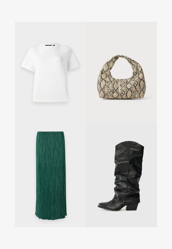 Camiseta blanca de manga corta hecha de tejido de algodón suave, con un cuello redondo y un ajuste relajado con dobladillos cosidos.; Larga falda verde con una superficie texturizada, pliegues verticales y un brillo sutil. Tiene una silueta recta y un dobladillo con forma de ondas.; Botas de cuero negro hasta la rodilla con un diseño arrugado, punta afilada y un tacón grueso, con una textura suave y una costura mínima.; Bolso de mano con estampado de serpiente y asa curvada. Hecho de materiales texturizados en tonos beige y marrón, con un patrónen diamante distintivo.