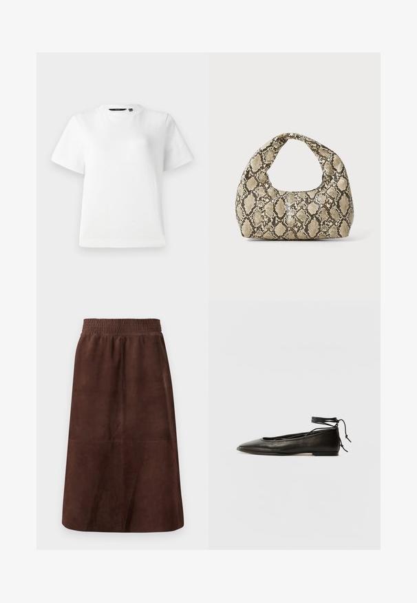 Valkoinen lyhythihainen T-paita, joka on valmistettu sileästä puuvillakankaasta. T-paidassa on pyöreä kaula-aukko ja rento istuvuus, jossa on ommellut saumat.; Ruskea mokkavuori hame, jossa on joustava vyötärö, A-linja muoto, sileä pinta ja ei näkyviä kuvioita tai metalliosia.; Musta nahka ballet-flatit, joissa on terävä kärki, nilkkaremmiliitos ja litteä pohja, varustettuna sileällä pinnalla ja minimalistisella muotoilulla.; Käärmeennahkakuosiset käsilaukku, jossa on kaareva kahva. Tehty teksturoiduista beigeistä ja ruskeista materiaaleista, joissa on erottuva timanttikuvio.