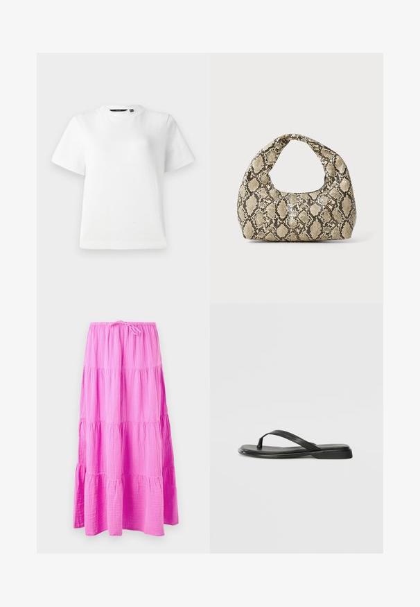 Witte T-shirt met korte mouwen van glad katoen, voorzien van een ronde halslijn en een ontspannen pasvorm met gestikte naden.; Lange, gelaagde rok in felroze, gemaakt van zachte, textuurrijke stof. Heeft een elastische tailleband met een trekkoord voor een verstelbare pasvorm.; Zwarte teenflip-flop van glad leer, met een dunne band en een platte zool met een minimalistisch profiel. Geen opvallende patronen of accenten.; Slangpatroon handtas met een gebogen handvat. Gemaakt van gestructureerde, beige en bruine materialen, met een kenmerkend ruitpatroon.