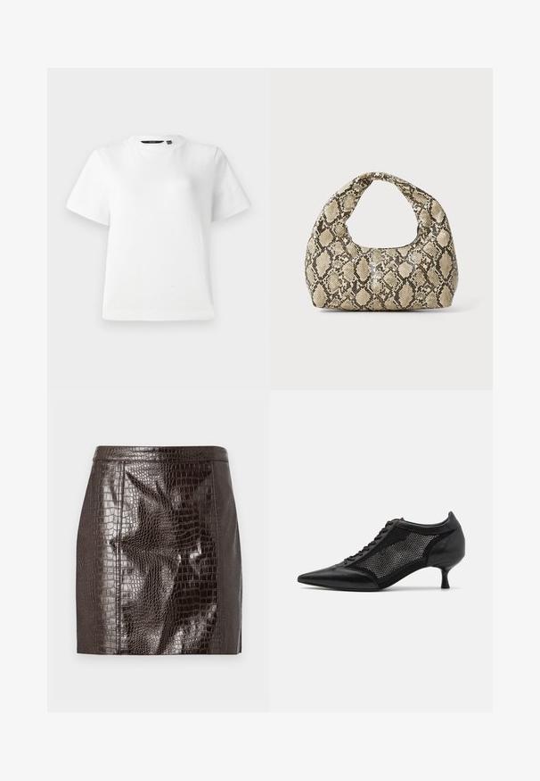 Balta trumpa rankovė T-marškiniai, pagaminti iš lygaus medvilnės audinio, su apvaliu kaklu ir laisvu siluetu, su siūtomis kraštu.; Tamsiai ruda dirbtinės krokodilo odos mini sijonas su siūlėmis ir tiesiu apvadu.; Juodi bateliai su smailiu pirštu ir tinklinėmis detalėmis, turintys žemą kulną ir raištelių uždengimą. Pagaminti iš odos ir tinklinės medžiagos derinio.; Gyvatės rašto rankinė su kreiviu rankenėle. Pagaminta iš tekstūruotų smėlio ir rudos spalvos medžiagų, su išskirtiniu rombo raštu.