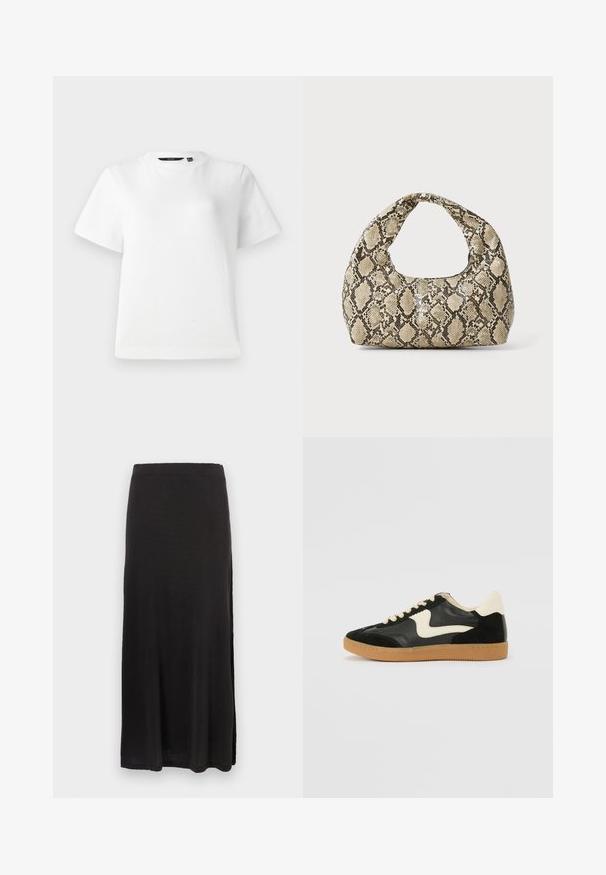 Fehér, rövid ujjú póló sima pamut anyagból, kör alakú nyakkivágással és laza szabással, varrott szegéllyel.; Fekete maxiszoknya puha anyagból, egyenes sziluettel, oldalsó hasítékkal, sima textúrával és rugalmas derékrésszel.; Fekete velúr és bőr sneaker, krém színű oldalsó swoosh-sal és világos krém színű sarokkal. Beigézett fűzőkkel és gumi talppal rendelkezik.; Kígyómintás kézitáska ívelt fogantyúval. Texturált, bézs és barna anyagból készült, jellegzetes gyémántmintával.