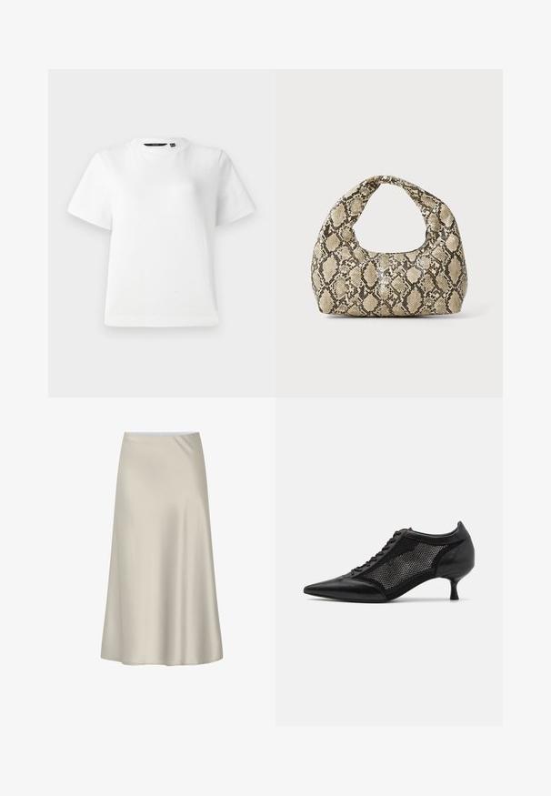 Hvit kortermet T-skjorte laget av glatt bomullsstoff, med rund hals og en avslappet passform med sømmer.; Knielang A-linjeet nederdel i blød beige stof, der har en glat tekstur og et enkelt, udekoreret design med elastisk talje.; Svart spiss tå-sko med meshpaneldesign, med lav hæl og snøring foran. Laget av en kombinasjon av lær og meshmateriale.; Veske med slangeskinnmønster og krummet håndtak. Laget av teksturerte, beige og brune materialer, med et særegent diamantmønster.