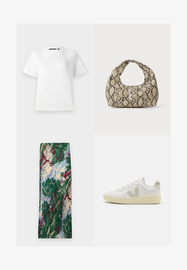 Valge lühikeste varrukatega T-särk, mis on valmistatud siledast puuvillakangast, omades ümmargust kaelust ja vabalt langevat lõiget koos õmmeldud äärestustega.; Kujundatud kangas, millel on maastiku stseen roheliste puude, punaste lillede, punase katusega maja ja sinise taevaga. Sile tekstuur.; Valge nahast tenniseking, millel on beežist siidist aktsent ja aukudega varvas, lame paelad ja tekstureeritud koorevärvi tallad. Omab nüansirikast brändimist kannal.; Musta käärmeprindiga kott kõveraga käepidemega. Valmistatud tekstiilsetest, beežidest ja pruunidest materjalidest, millel on iseloomulik rombikujuline muster.