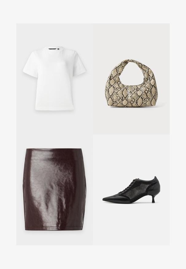 White short-sleeve T-shirt made of smooth cotton fabric, featuring a crew neckline and a relaxed fit with stitched hems.; Burgundy faux leather mini skirt with a smooth, glossy texture and a fitted silhouette. Features clean lines and a straight hem.; Black pointed-toe shoe with a mesh panel design, featuring a low heel and lace-up front. Made from a combination of leather and mesh material.; Snake-print handbag with a curved handle. Made from textured, beige and brown materials, featuring a distinctive diamond pattern.