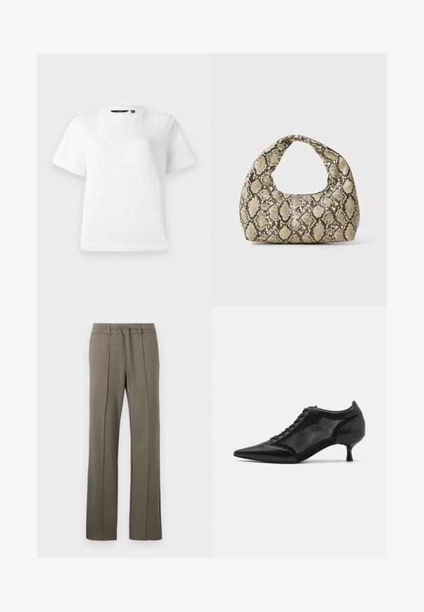 Biele tričko s krátkymi rukávmi vyrobené z hladkej bavlnenej tkaniny, s okrúhlym výstrihom a voľným strihom so zastrihnutými okrajmi.; Khaki nohavice so strihom s rovnými nohavicami, s pásom na šnúrku a dvoma prednými skladmi. Vyrobené z mäkkej, texturovanej látky.; Čierna topánka s ostrou špičkou a sieťovaným panelom, s nízkym opätkom a šnurovaním vpredu. Vyrobená z kombinácie kože a sieťoviny.; Kabelka s hadím vzorom a zakriveným rukoväťou. Vyrobená z textúrovaných béžových a hnedých materiálov, s charakteristickým diamantovým vzorom.