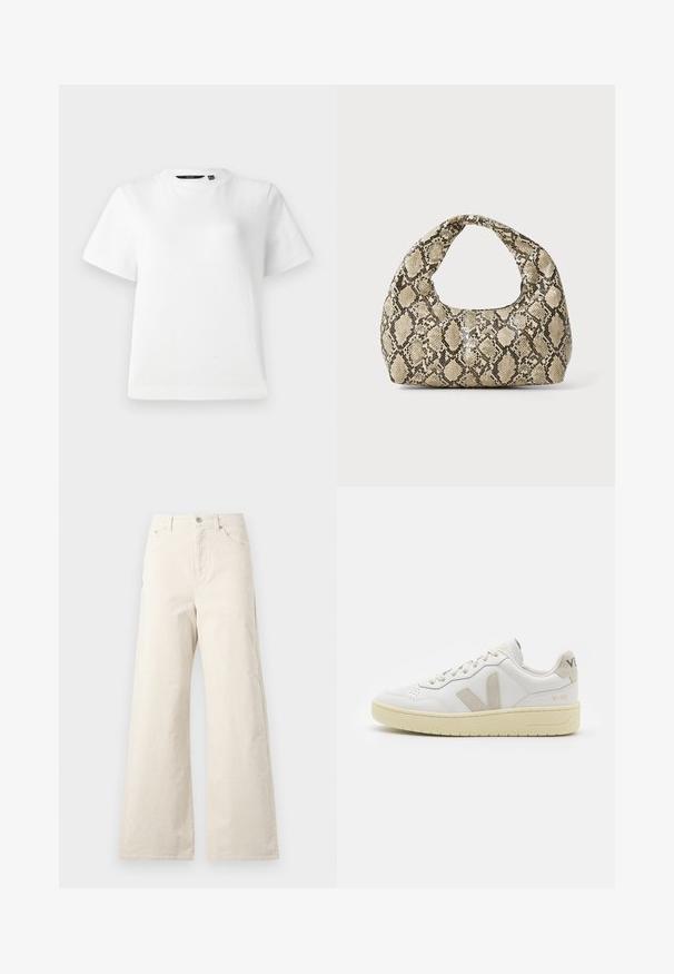 Biele tričko s krátkymi rukávmi vyrobené z hladkej bavlnenej tkaniny, s okrúhlym výstrihom a voľným strihom so zastrihnutými okrajmi.; Béžové nohavice s širšími nohavicami vyrobené z bavlny, so zapínaním na prednom tlačidle, bočnými vreckami a hladkou textúrou. Minimalistický dizajn bez vzorov.; Biele kožené tenisky s béžovými semišovými akcentmi, perforovanou špičkou, plochými šnúrkami a textúrovanou krémovou podrážkou. Obsahujú jemné označenie na päte.; Kabelka s hadím vzorom a zakriveným rukoväťou. Vyrobená z textúrovaných béžových a hnedých materiálov, s charakteristickým diamantovým vzorom.