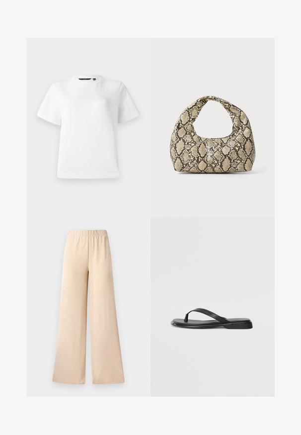 Bijela kratka majica s kratkim rukavima od glatkog pamučnog materijala, s okruglim izrezom i opuštenim krojem s šivenim rubovima.; Hlače širokog kroja svijetlo bež boje, izrađene od teksturiranog materijala i s elastikom u struku za udobnost. Bez džepova ili vidljivih kopčica.; Crne japanke od glatke kože, s tankim remenčićem i ravnim potplatom minimalističkog profila. Bez značajnih uzoraka ili akcenata.; Torba s uzorkom zmije s zakrivljenom drškom. Izrađena od teksturiranih materijala u bež i smešnim tonovima, sa karakterističnim dijamantnim uzorkom.