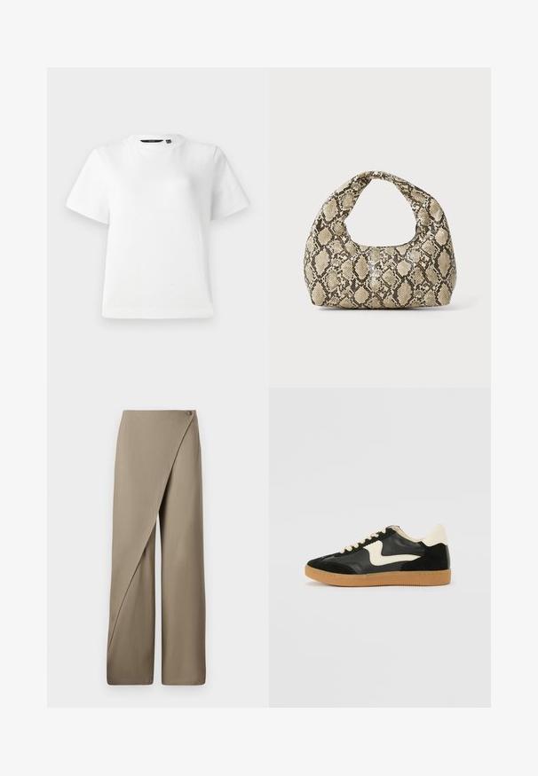 Witte T-shirt met korte mouwen van glad katoen, voorzien van een ronde halslijn en een ontspannen pasvorm met gestikte naden.; Beige wijde broek met een gedrapeerde voorkant, voorzien van een enkele knoopsluiting en een gladde, lichte stoffen textuur.; Zwarte suède en leren sneaker met een crèmekleurige zij-swoosh en lichte crèmekleurige hiel. Voorzien van beige veters en een gumrubberen zool.; Slangpatroon handtas met een gebogen handvat. Gemaakt van gestructureerde, beige en bruine materialen, met een kenmerkend ruitpatroon.