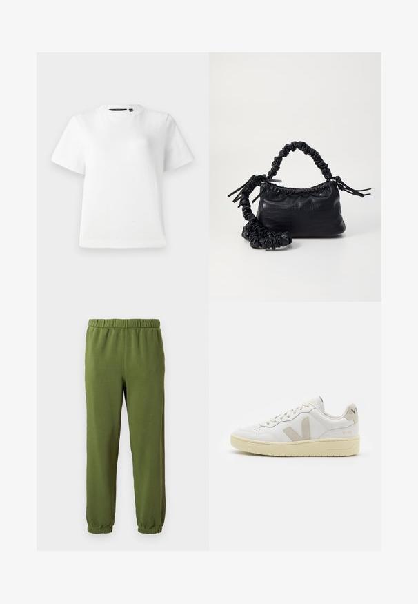 Camiseta blanca de manga corta hecha de tejido de algodón suave, con un cuello redondo y un ajuste relajado con dobladillos cosidos.; Pantalones de chándal verdes hechos de tela suave. Cintura de elastano y puños. Diseño de pierna recta sin patrones ni herrajes visibles.; Zapatilla de piel blanca con acentos de ante beige, caja de puntera perforada, cordones planos y suela texturizada en color crema. Cuenta con un branding sutil en el talón.; Bolso de mano de imitación cuero negro con textura de cocodrilo, parte superior fruncida y correa arrugada. Presenta un diseño suave y compacto.