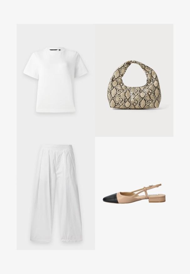 Biała koszulka z krótkim rękawem, wykonana z gładkiej bawełny, z okrągłym dekoltem i luźnym fasonem, z przeszywanymi brzegami.; Białe spodnie z szerokimi nogawkami wykonane z lekkiego materiału. Posiadają luźny krój, fałdy z przodu oraz elastyczny pasek w talii.; Beżowo-czarny, dwukolorowy but na pasku z wąskim noskiem, płaskim obcasem i szczegółowym krzyżującym się paskiem. Gładka skórzana faktura.; Torebka w wężowy wzór z zakrzywionym uchwytem. Wykonana z teksturowanych, beżowych i brązowych materiałów, z charakterystycznym wzorem w diamenty.