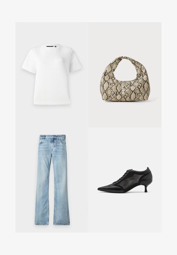 Bílá krátkosrstvá tričko vyrobené ze hladké bavlněné látky, s kulatým výstřihem a uvolněným střihem s prošitými okraji.; Světle modré zvonové džíny vyrobené z denimu, s pěti kapsami, zapínáním na knoflík a jemným vyblednutím pro opotřebovaný efekt.; Černá špičatá obuv s designem síťové panelů, s nízkým podpatkem a šněrováním v přední části. Vyrobeno z kombinace kůže a síťového materiálu.; Kabelka s hadím vzorem a zakřiveným držadlem. Vyrobena z texturovaných béžových a hnědých materiálů, s charakteristickým diamantovým vzorem.