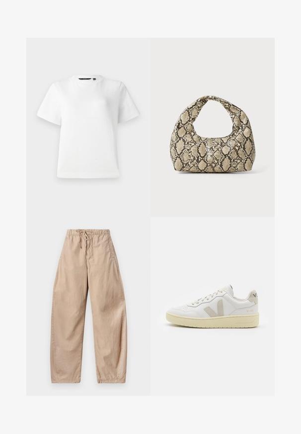 Fehér, rövid ujjú póló sima pamut anyagból, kör alakú nyakkivágással és laza szabással, varrott szegéllyel.; Beige színű pamut bő szárú nadrág rugalmas derékkal és húzózsinórral, oldalsó zsebekkel és sima, könnyű textúrával.; Fehér bőr sneaker bézs velúr részletekkel, perforált orr résszel, lapos fűzőkkel és textúrált krémszínű talppal. Finom márkajelzés található a sarkán.; Kígyómintás kézitáska ívelt fogantyúval. Texturált, bézs és barna anyagból készült, jellegzetes gyémántmintával.