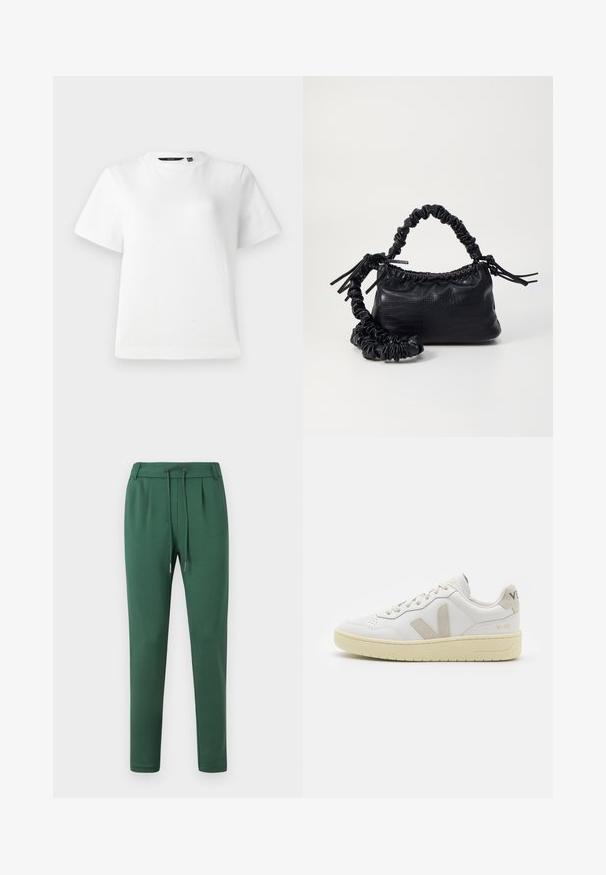 Bela kratka majica z dolgimi rokavi, izdelana iz gladkega bombažnega blaga, z okroglim izrezom in sproščenim krojem ter šivanimi robovi.; Zelene trenirke iz mehkega blaga, s elastičnim pasom in vrvico, ožji nogi ter stranskimi pregibi.; Bela usnjena tenisača z bež semiš poudarki, perforiranim prednjim delom, ravnimi vezalkami in strukturiranim kremnim podplatom. Ima diskretno blagovno znamko na peti.; Črna torbica iz umetnega usnja s krokodilovo teksturo, z zvitim vrhom in zmečkano naramico. Zdi se mehka in kompaktna v oblikovanju.