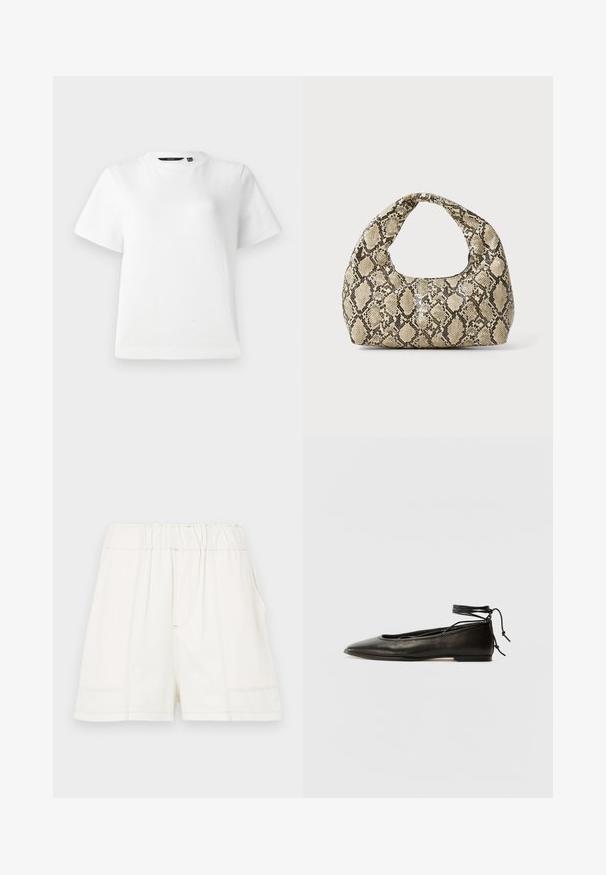 Balta trumpa rankovė T-marškiniai, pagaminti iš lygaus medvilnės audinio, su apvaliu kaklu ir laisvu siluetu, su siūtomis kraštu.; Balti medvilniniai šortai su elastine juosmeniu, turintys šonines kišenes ir matomus siūlių detalės, suteikiančios papildomą tekstūrą.; Juodi odiniai balerinų bateliai su smailiu pirštu, kulkšnies raiščiu ir plokščiu padu, pasižymintys lygiu paviršiumi ir minimalizmo dizainu.; Gyvatės rašto rankinė su kreiviu rankenėle. Pagaminta iš tekstūruotų smėlio ir rudos spalvos medžiagų, su išskirtiniu rombo raštu.