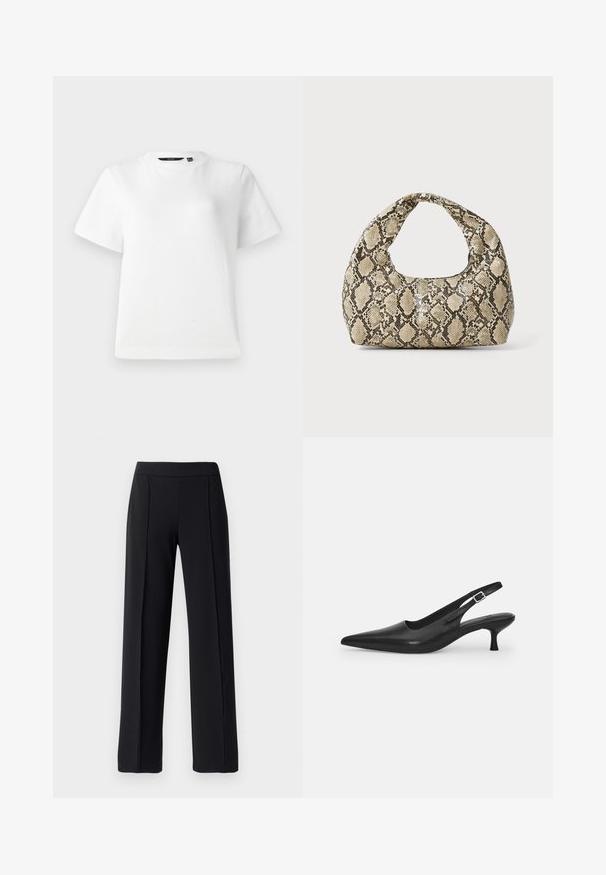 T-shirt blanc à manches courtes en tissu de coton lisse, avec un col rond et une coupe décontractée, ornée de coutures sur les bords.; Pantalons noirs ajustés avec une coupe évasée, fabriqués dans un tissu lisse et extensible ; dotés de plis sur le devant et d'une taille élastique.; Chaussure slingback en cuir noir avec un bout pointu et un talon fin et incurvé. Dispose d'une sangle ajustable discrète avec une boucle en métal.; Sac à main en motif serpent avec une poignée incurvée. Fabriqué à partir de matériaux texturés beiges et bruns, présentant un motif en diamant distinctif.
