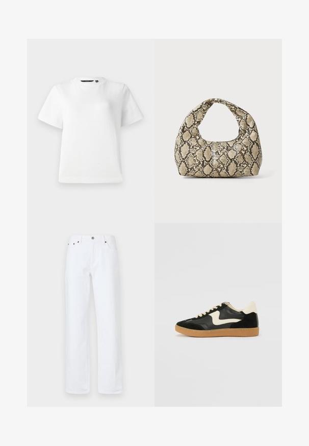 Bílá krátkosrstvá tričko vyrobené ze hladké bavlněné látky, s kulatým výstřihem a uvolněným střihem s prošitými okraji.; Bílé džínové kalhoty mají uvolněný střih s rovnými nohavicemi, pětimi kapsami, předním zapínáním na knoflík a měděnými nýty.; Černé semišové a kožené tenisky s krémovým postranním swooshem a světlým krémovým podpatkem. Mají béžové tkaničky a podešev z gumové pryže.; Kabelka s hadím vzorem a zakřiveným držadlem. Vyrobena z texturovaných béžových a hnědých materiálů, s charakteristickým diamantovým vzorem.