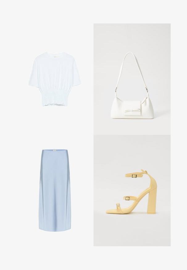 Vit kortärmad t-shirt med avslappnad passform och smockad textur vid midjan. Tillverkad av mjukt, lätt material.; Siden midi-kjol i ljusblått, med en slät, glansig yta, rak silhuett och en subtil glans. nederkanten faller precis under knäet.; Gula klacksandaler med blockklack, tre justerbara remmar, fyrkantig tådesign, slätt syntetmaterial och spännen i silverfärg.; Vit syntetisk handväska med triangulär form, platt framklaff och rosettdetalj, justerbar rem, slät textur och minimalistisk design.