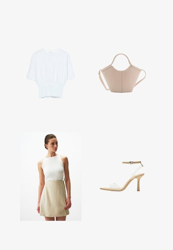 T-shirt blanc à manches courtes avec une coupe décontractée et une texture froncée à la taille. Fabriqué en tissu doux et léger.; Jimmy Key WITH HIGH WAIST TIES - Minijupe - stoned; Sandale à talon transparent avec un supérieur transparent, semelle beige et une fine bride de cheville. Dispose d'un bout pointu et d'un fin talon haut.; Sac à main en cuir beige avec une forme unique, doté de deux poignées courtes et d'une longue sangle réglable. Texture lisse avec un minimum de matériel.