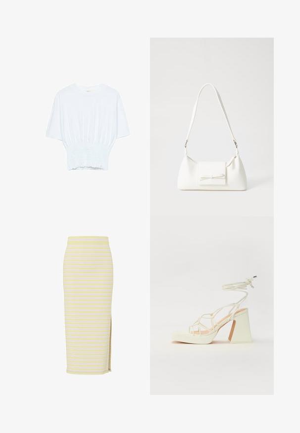Bijela majica kratkih rukava s opuštenim krojem i nabrano teksturom na struku. Izrađena od mekog, laganog materijala.; Prugasta midi suknja u žutoj, ružičastoj i bijeloj boji, s uskim krojem i prorezom do buta. Izrađena od mekog, rastezljivog materijala.; Bijela sandala na visokoj potpetici s debelim petom, s remenom i vezanjem oko gležnja. Glatka tekstura s platformom sprijeda za dodatnu visinu.; Bijela sintetička torbica s trokutastim oblikom, ravnim prednjim poklopcem i detaljem u obliku mašne, podesivom remenom, glatkom teksturom i minimalističkim dizajnom.; Ogrlica od metalnog materijala u zlatnoj boji s nepravilan teksturiranim karikama i Y-oblikovanim privjeskom, naglašena središnjim privjeskom koji podsjeća na slojevite kovanice.