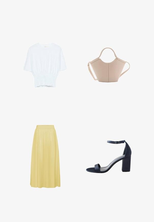 Hvid kortærmet T-shirt med afslappet pasform og smocked tekstur ved taljen. Lavet af blødt, letvægtsstof.; Gul, ankel-langt nederdel lavet af glat, letvægtsstof. Har elastisk talje og et flydende design med subtil glans.; Marineblå højhælede sandal med en glat overflade, bred rem over tæerne, ankelsnor og en blokhæl for stabilitet.; Lysebrun læderhåndtaske med en unik form, featuring to korte håndtag og et langt justerbart rem. Glat tekstur med minimal hardware.
