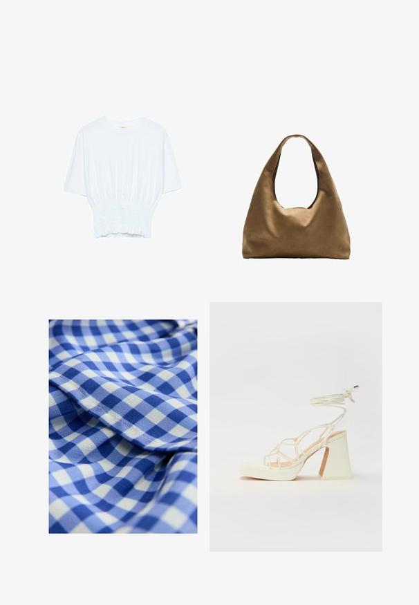 Weißes T-Shirt mit kurzen Ärmeln, lockerer Passform und gerafftem Stoff an der Taille. Aus weichem, leichtem Material gefertigt.; Blau-weißer karierter Stoff mit einer weichen Textur, der kleine Quadrate in wechselnden Blautönen zeigt. Enthält ein gewelltes Kantendetail.; Weiße High-Heel-Sandale mit einem klobigen Absatz, die über ein Riemchendesign und ein Knöchelband verfügt. Glatte Textur mit einer Plattform vorne für zusätzliche Höhe.; Braune Stoffschultertasche mit einem breiten, runden Körper und einem großen Ausschnittgriff. Sanfte Textur, minimalistisches Design und keine sichtbaren Beschläge.