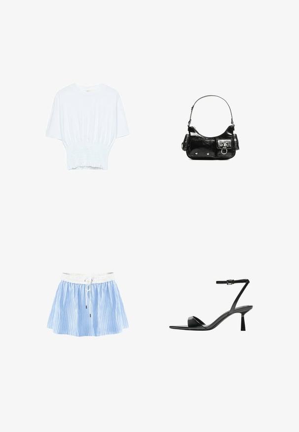 T-shirt blanc à manches courtes avec une coupe décontractée et une texture froncée à la taille. Fabriqué en tissu doux et léger.; Jupe rayée bleu et blanc avec taille smockée, présentant une fermeture à cordon et une forme évasée pour un ajustement confortable et une liberté de mouvement.; Bershka Sandales à talons hauts - black; Sac à main en cuir verni noir avec une forme incurvée, une bandoulière, des poches avant et des accents en métal argenté.
