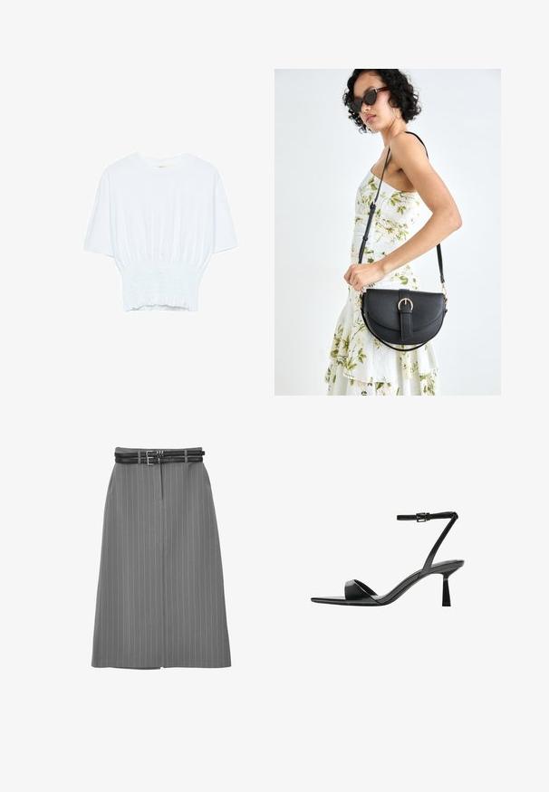 White short-sleeve T-shirt with a relaxed fit and smocked texture at the waist. Made of soft, lightweight fabric.; Gray pinstripe skirt featuring a straight cut, a front pleat, and a double black belt detail at the waist.; Bershka High heeled sandals - black; Black leather handbag with a curved shape, detachable strap, and gold hardware. The bag features a flap with a buckle detail.
