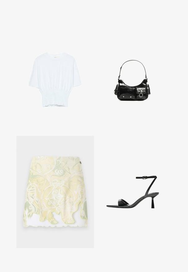 Bela majica s kratkimi rokavi sproščenega kroja in z gubanim materialom na pasu. Narejena iz mehkega, lahkega blaga.; Kratka krila s tokom oblikovanja, ki ima svetlo rumen in zelen vzorec vijug, ter valovito rob z obrobo v svetlo rumeni barvi.; Bershka Sandali z visoko peto - black; Črna lakasta usnjena torbica s ukrivljeno obliko, enim ramenskim trakom, sprednjimi žepi in srebrnimi kovinskimi dodatki.
