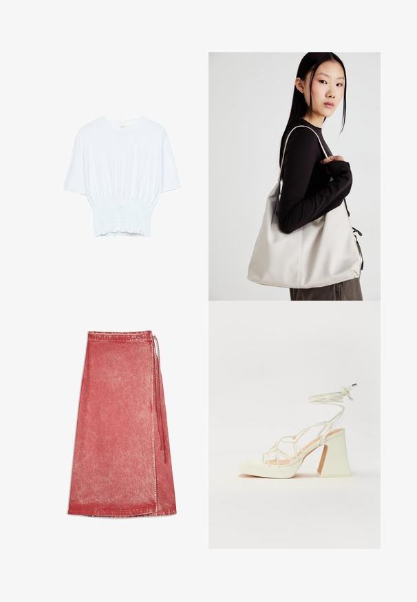 Vit kortärmad t-shirt med avslappnad passform och smockad textur vid midjan. Tillverkad av mjukt, lätt material.; Röd denimomslagskjol med blekt tvättat utseende, ankellång, med sidoknytning och sydd fåll.; Vit högklackad sandal med en kraftig klack, med ett remdesign och ankelband. Slät textur med en plattform framtill för ökad höjd.; Beige handväska tillverkad av mjukt material, med en avslappnad design, sydda detaljer och två axelremmar. Lämplig för dagligt bruk.