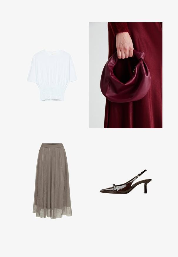 Witte T-shirt met korte mouwen in een relaxte pasvorm en gerimpelde textuur bij de taille. Gemaakt van zachte, lichtgewicht stof.; Plissé maxi rok in taupe, met een gladde tailleband en een vloeiende silhouet. Gemaakt van lichtgewicht, doorschijnend materiaal met fijne textuur.; Bruine gepatineerde leren slingback schoen met een spitse neus, lage hak en een decoratieve strikaccent aan de voorkant. Glad, glanzend oppervlak.; Bordeaux leren handtas met een zacht, gegathered ontwerp en een ronde vorm. De handgreep is stevig bevestigd en toont een gladde textuur.