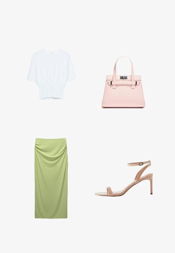 Vit kortärmad t-shirt med avslappnad passform och smockad textur vid midjan. Tillverkad av mjukt, lätt material.; Högmidjad, golvlång kjol i mjukt, ljusgrönt tyg. Har sammangjord detaljering på sidan för textur och drapering.; Next FOREVER COMFORT SIMPLE - Sandaler - nude; Rosa strukturerad handväska gjord av texturerad läder, med två ovankantshandtag, ett låsutförande och kontrasterande metallaccenter.