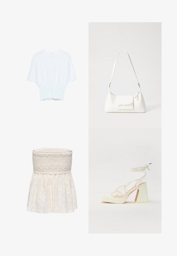 Weißes T-Shirt mit kurzen Ärmeln, lockerer Passform und gerafftem Stoff an der Taille. Aus weichem, leichtem Material gefertigt.; Schulterfreies weißes Oberteil mit einem strukturierten, gerafften Oberteil und einem ausgestellten, spitzenverzierten unteren Abschnitt. Verfügt über filigrane Ausschnittdesigns.; Weiße High-Heel-Sandale mit einem klobigen Absatz, die über ein Riemchendesign und ein Knöchelband verfügt. Glatte Textur mit einer Plattform vorne für zusätzliche Höhe.; Weiße synthetische Handtasche in dreieckiger Form, flache Vorderklappe und Schleifendetail, verstellbarer Trageriemen, glatte Textur und minimalistisches Design.