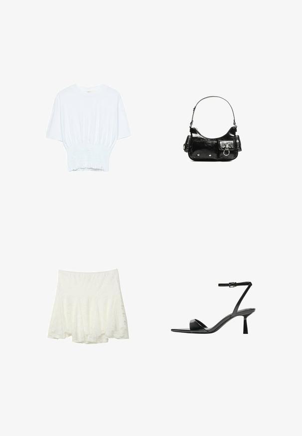 Valkoinen lyhythihainen t-paita, jossa on rento leikkaus ja frillattu tekstuuri vyötäröllä. Valmistettu pehmeästä, kevyestä kankaasta.; Stradivarius FITTING - A-linjainen hame - white; Bershka Korolliset sandaalit - black; Mustekko mustasta kiiltonahasta valmistettu käsilaukku, jossa on kaareva muoto, yksi olkahihna, etutaskut ja hopeanväriset yksityiskohdat.